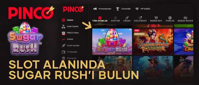 Pinco Casino lobisinde Sugar Rush slotunu bulun
